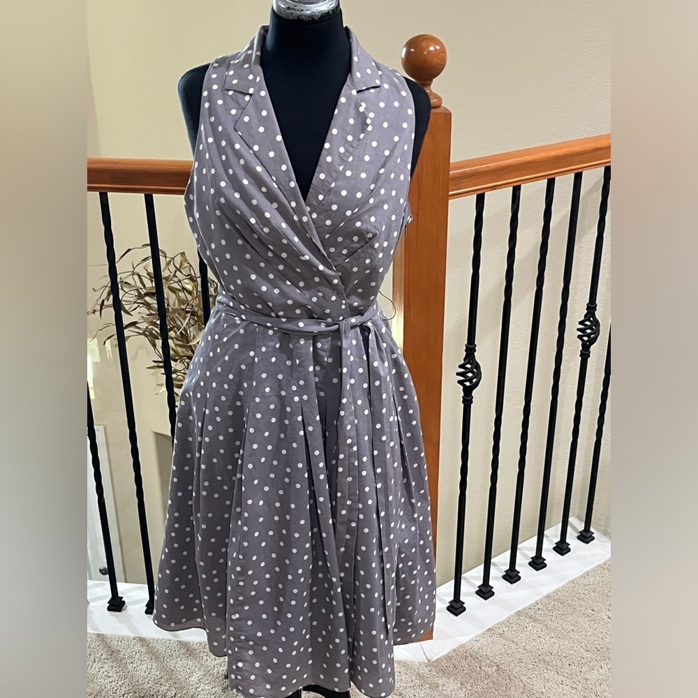 EVAN PICONE Polka Dot Gray and White RETRO STYLE SLEEVELESS DRESS SIZE M